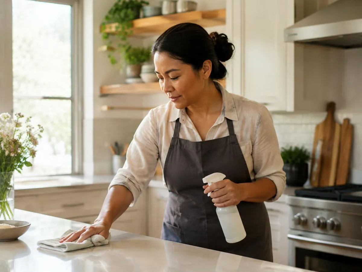 A helper wiping down the counter in a bright family kitchen